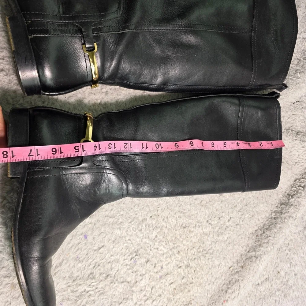 Tory Burch Riding Boots Black Leather Gold Stirrup Logo Heel Hardware Women 8.5